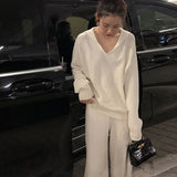 Loose 2 Pieces Women Sweater Set Autumn Winter Sailor Collar Knitted Pullovers & Straight Pants 2022 Female Knitted