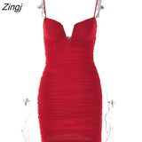 Spaghetti Strap Ruched Dress Women 2022 Spring Sexy Slim Elegant Clubwear Solid Sleeveless Backless Sheath Dress