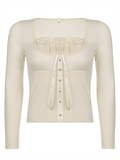 Fleece Bow-Neck Ribbed Lace Blouse- Outfit