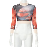 Women Fashion Autumn Winter Long Sleeve Printed Mesh Kntted T Shirt Crop Tops Pullover 2021 Fall Clothes Wholesale