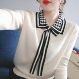 Winter Polo-neck Patchwork Lace Up Sweater Lady Elegant Fashion All-match Knitted Pullover Top Women Casual Sweet