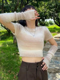 Grunge Aesthetic T Shirt Women Knitted Crop Tops With Cuff Y2k Tie Dye Tee Shirt Femme Korean Fashion Tshirts