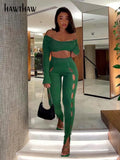 Women Autumn Winter Long Sleeve Crop Tops Long Pants Green Two Piece Set Suit Outfit 2021 Fall Clothes Wholesale