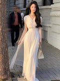 Summer Solid Pleats Long Dresses French Elegant V Neck Holiday Party Vestidos Women High Waist Wedding Robe Ladies