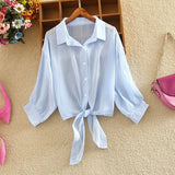2021 Summer Half Sleeve Buttoned Up Shirt Loose Casual Blouse Chiffon Shirts Women Tied Waist Elegant Blouses for