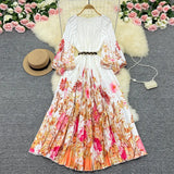 Zingj New Women's Dress Oversized Skirt Print Pleated Waist Lace Holiday