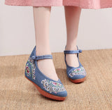 Zingj Heels Single Shoes Ox Tendon Bottom Heel Heighten Embroidered Cloth Shoes One Word Buckle Retro Plate Buckle Spring And Autumn Women's