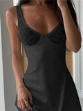Elegant Party Short Mini Dress Women Sleeveless Lace Patchwork Low Cut A-Line Dress Slim Fit Casual Club Vestido
