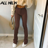 90s Aesthetics High Waist Brown Flare Pants Vintage Zip Up Skinny Long Trousers Indie Pants Slit Casual