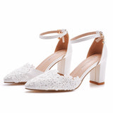 7 Cm Thick Heel Sharp-Headed Hollow Sandals Spring Square Heeled Women's Shoes White Lace Bride High
