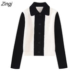 2022 Women Vintage Black White Patchwork Striped Knitting Sweater Female Chic Buttons Casual Slim Coat Tops