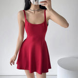 Zingj Fashion Women's Fashion French Temperament Suspender Dress Pure Spice Girl Style Side Neckline Waist Thin Short
