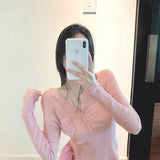 Zingj Long Sleeve Design Sense Niche Bottom T-Shirt Female 2024 New Milk Sweet V Collar Slim Knit Short Jacket-Outfit