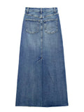 vaquera azul para mujer, falda larga de Jean, Falda de tubo de cintura alta descolorida, Falda Midi deshilachada con abertura,