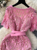 France Senior Vintage Dress Women Square Collar Short Sleeves Belt Pockets Embroidery High Quality Elegant Party