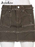 2022 Y2K Vintage Harajuku Cute Mini Skirts Women Pockets Straight Tassel Jeans Casual Basic Denim Korean Pencil