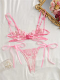 Ribbon Tie Up Embroidery Flower Half Cup Lingerie Set- Outfit