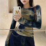 Sexy Harajuku Slim T Shirt Women Tie Dye Print Long Sleeve Tops Korean Style Tshirts Vintage Streetwear Skinny Tee