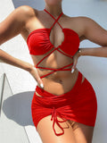 Sexy Woman Clothes Summer Halter Lace-up Three Pieces Sets Swimsuit Separate Swimwear Solid Low Waist Beachwear Bikini