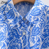 New Women Turn Down Collar Blue Floral Print Shirts Female Short Sleeve Side Split Blouse Roupas Chic Chemise Tops