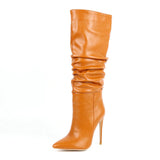 Women Faux Leather Pleated Fashion Knee High Boots Sexy Thin High Heel Slip On Long Boots Ladies Pointed Toe Autumn Winter