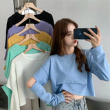 Long Sleeve Hole Women T-shirts slim Black Crop Top young girls T Shirt Fashion korean basic short T-Shirt women