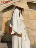 Sexy V-neck Beige Linen Dress Ladies Fashion Loose Long Sleeve Midi Dress Elegant Lace-up Classic Dresses For Women