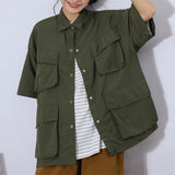 Zingj Cityboy Solid Color Multi-Pocket Overalls Short-Sleeved Shirt Men And Women Loose Retro Function Shirt