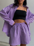 Loungewear Matching Set 2022 Summer Cotton Women Tracksuit Long Sleeve Oversized Shirt Tops And Mini Shorts Two Piece