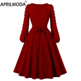Women Red Black Pink Swing Dress Belted Swiss Dot Mesh Long Sleeve Light Blue Elegant Ladies 50s Midi Dresses Vintage