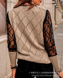 Zingj Spring And Autumn Plaid Knit Stitching Lace Top V Neck Fashion Long