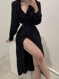 Women Single Breasted Midi Lace Up Slim Solid Shirt Dress Long Sleeve Elegant Vestidos