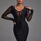 Sleeve Bandage Dress 2022 New Womens Black Bodycon Dress Elegant Sexy Mesh Evening Club Party Dress High Quality
