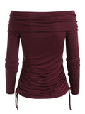 T Shirt Women Foldover Off Shoulder Cinched T-Shirt Solid Basic Long Sleeve Autumn Feminina Ladies Fashion