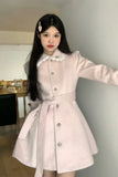 Hot Girl Pink Medium Length Woolen Coat for Women's Autumn and Winter Slim Fit Lace-up Woolen Coat Fashion Female
