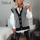 V Neck 2020 Houndstooth Vest Sweater Sleeveless Loose Autumn Winter Oversized Top Casual Jumper Fashion