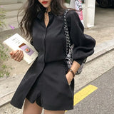 Casual Short Suits for Women Lace Up Puff Sleeve Blouse & Wide Leg Shorts 2020 Summer Pant Suits Female 2 Pieces