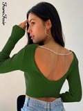 2021 Backless Sexy Knitted Crop Top White Green Autumn Spring Women Y2k Chain Long Sleeve Basic Causal T