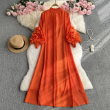 Zingj Sense Of Socialite Temperament Three House Pleated Lantern Long Sleeve Collar Loose A Line Solid Color Dress Elegant