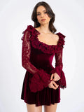 Red Velvet Long Sleeve Flare Mini Dress-Outfit