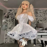 SUCHCUTE Gothic Corset Lolita Mini Dress Dark Academia Party Clubwear Outfits Kawaii Dresses Short Puff Sleeve Slim Lace