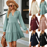Zingj Autumn And Winter New V Collar Small Twist Pure Color Long Sleeve Loose Casual Dress Female-Outfit