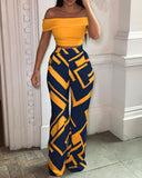 New Style Women Fashion Off Shoulder Short Sleeve Crop Top & High Waist Pants Set Flare Pants Set Sexy