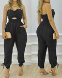 Summer Women's Sexy Bandeau Cutout Shirred Pocket Design Jumpsuit Casual Sleeveless Long Pants Off