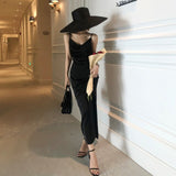 2022 Summer Vintage Women Satin Slip Dress Spaghetti Strap Side Slit Black Burgundy Silk Sexy Long Party
