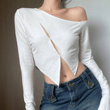 SUCHCUTE Hollow Out Aesthetic Women T Shirts Harajuku Casual Streetwear Outfits Long Sleeve Slim Sexy Cropped Tops Solid