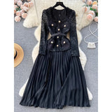 Zingj Small Fragrant Wind Dress Female Senior Sense Heavy Industry Nail Bead Metal Buckle Square Collar Lace Stitching Pleated Fairy