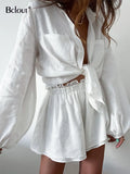 Linen Ruffle Shorts Sets 2 Pieces Women Sexy Lantern Sleeve White Tops Summer Elastic Waist Shorts Woman Suit