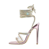 Onlymaker Women's Summer Crystal Lace-Up Stiletto High Heel Sandals Multicolor Square Toe Cross Strap PVC Bling