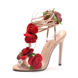 Cm Rose Flowers High Heel Sandals Large Size Hollow Strap Sandals Fashion Elegant Fish-Mouthed